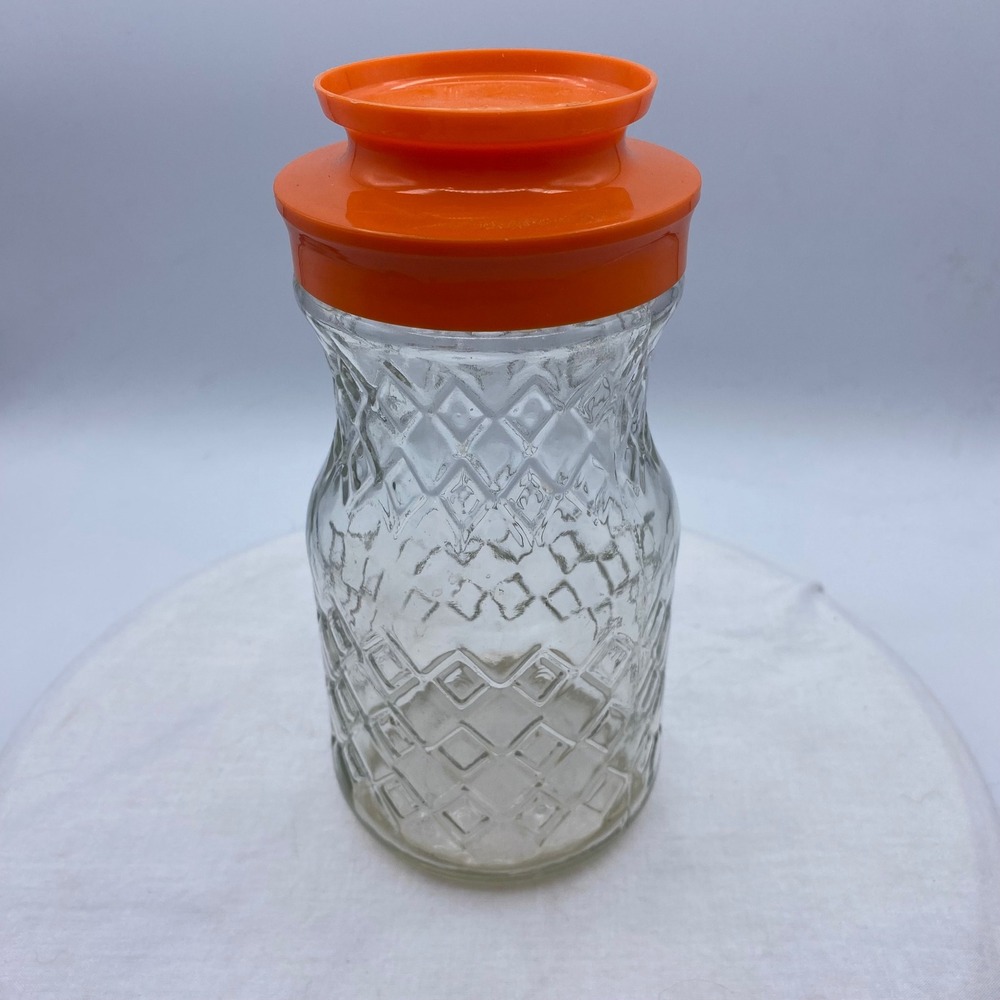 Vintage Anchor Hocking Glass Jar Orange Lid Diamond Quilted MCM 7" Juice Tea 70